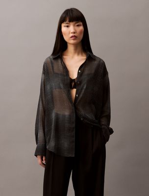 Chiffon Printed Relaxed Button-Down Shirt, Black Beauty