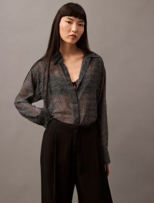 Chiffon Printed Relaxed Button-Down Shirt, Black Beauty