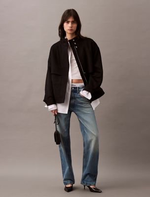 Wool Blend Bomber Jacket, Black Beauty