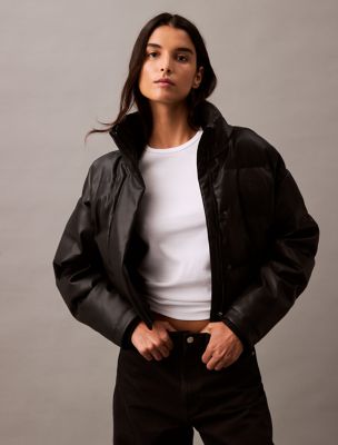 Classic Faux Leather Puffer Jacket, Black Beauty