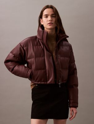Classic Faux Leather Puffer Jacket, Decadent Brown