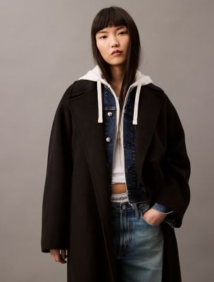Double Faced Wool Blend Wrap Coat, Black Anchroma