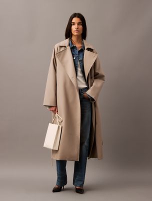 Long Wool Twill Blend Trench Coat, Overcast
