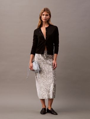 Crushed Satin Printed Midi Skirt, Gray