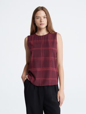 Check Sleeveless Top, Burgundy Plaid