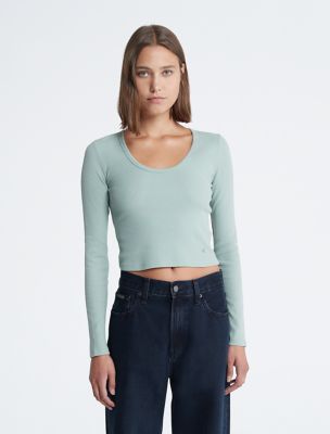 Waffle Cropped Scoopneck T-Shirt, Iceberg Green