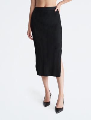 Ribbed Open Hem Skirt, Black