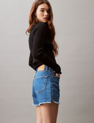 Short mi-long en denim à taille haute, topaze bleue