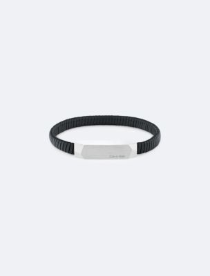 Metal Logo Plaque Leather Bracelet, Black/Silver