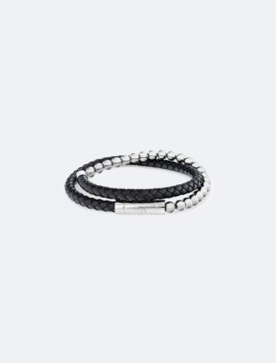 Braided Leather Bracelet, Black/Silver