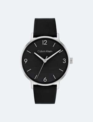 Sunray Dial Leather Strap Watch, Black