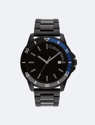 Notched Bezel H-Link Bracelet Watch, Black / Black