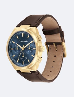 Multifunction Leather Strap Watch, Blue/Brown