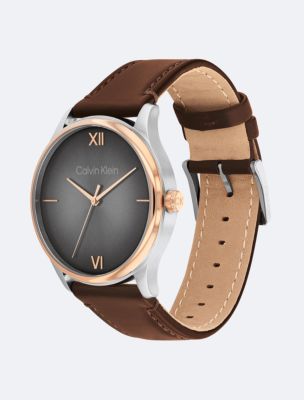 Gradient Dial Leather Strap Watch, Grey/Brown