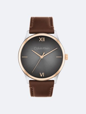 Gradient Dial Leather Strap Watch, Grey/Brown