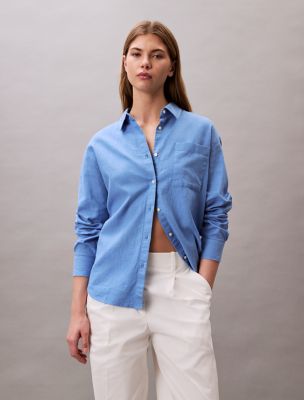 Linen Cotton Utility Relaxed Button-Down Shirt, Silverlake Blue