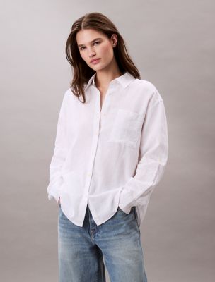 Linen Cotton Utility Relaxed Button-Down Shirt, Brilliant White