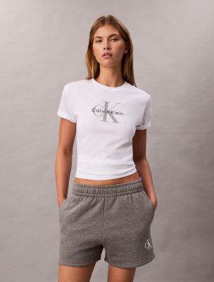 Monogram Fleece Pull-On Shorts, Grey Heather