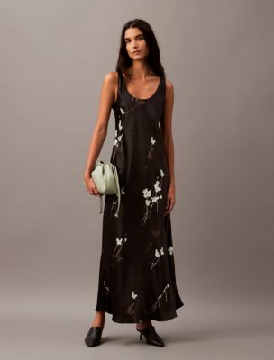 Crushed Satin Floral Maxi Dress, Black Beauty