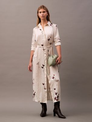 Crushed Satin Floral Shirt Dress, Chalk