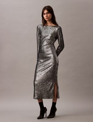 Sequin Midi Dress, Dark Grey