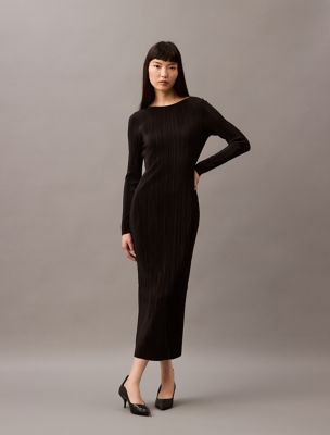 Plisse Midi Dress, Black