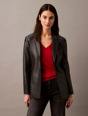 Faux Leather Slim Fit Blazer, Black Beauty