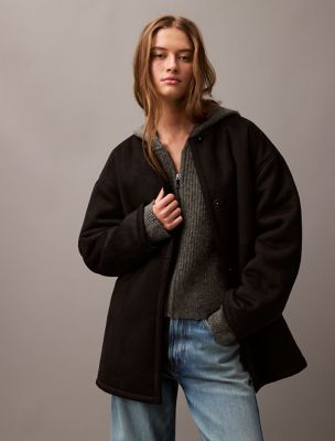 Faux Shearling Relaxed Coat, Black