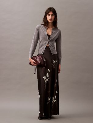 Crushed Satin Floral Skirt, Black Beauty
