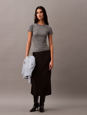 Stretch Satin Midi Skirt, Black Beauty