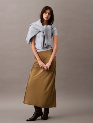 Stretch Satin Midi Skirt, Olive Leaves