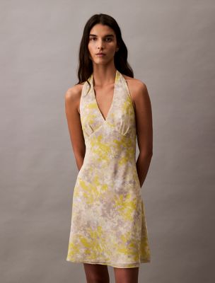 Georgette Halter Neck Mini Dress, Yellow Floral