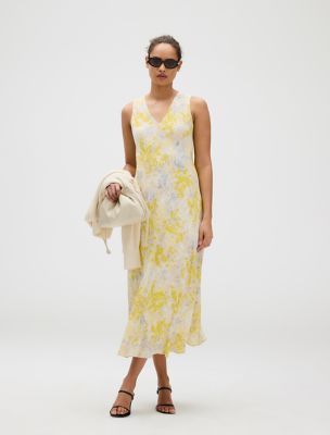 Viscose Print Sleeveless Midi Dress, Yellow Floral