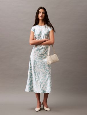 Crushed Satin Floral Sheath Dress, Cloud Blue