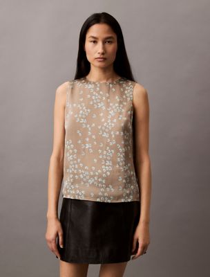 Satin Printed Tank Top, Vintage Khaki