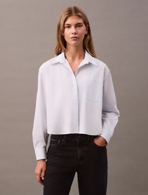 Cotton Poplin Boxy Button-Down Shirt, Ancient Water