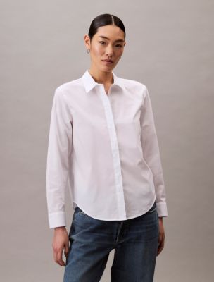 Cotton Poplin Stretch Relaxed Button-Down Shirt, Brilliant White