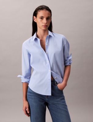 Cotton Poplin Stretch Relaxed Button-Down Shirt, Moderate Blue