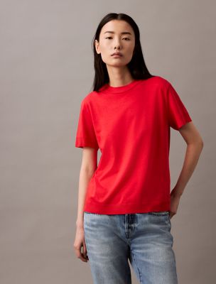 Fine Knit Mock Neck T-Shirt, Tomato