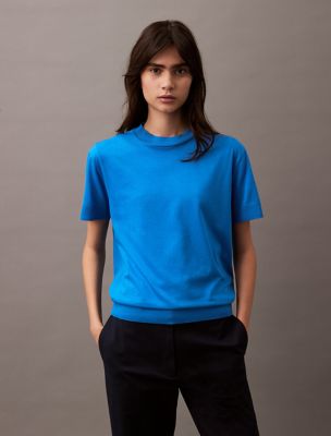 Fine Knit Mock Neck T-Shirt, Halogen Blue
