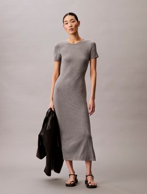 Solid Stretch Slim Midi Dress, Medium Grey Heather