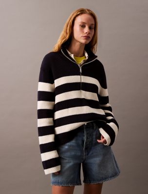 Smooth Cotton Chunky Quarter-Zip Sweater, Blue / White Stripe