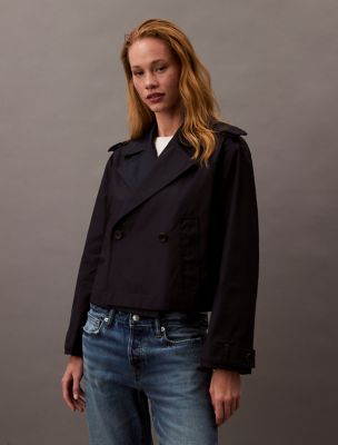 Cotton Blend Short Trench Coat, Black