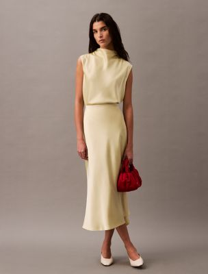 Matte Satin Midi Skirt, Hay