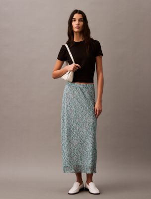 Printed Georgette Midi Skirt, Aqua