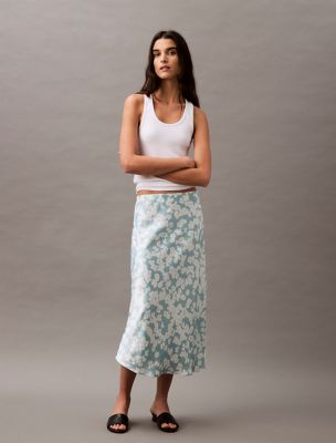 Crushed Satin Print Midi Skirt, Cloud Blue