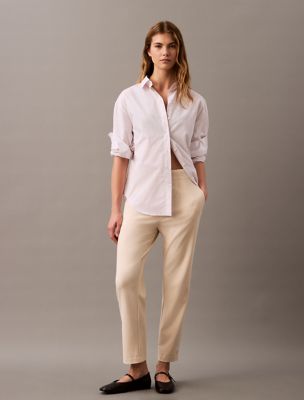 Pantalon droit trois quarts en point, parchemin