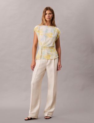 Chiffon Printed Twist Front Blouse, Surf Blue