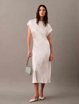 Crushed Satin Midi Sheath Dress, Brilliant White