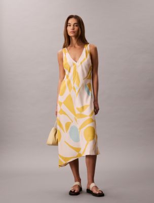Printed V-Neck Midi Dress , Yellow Print